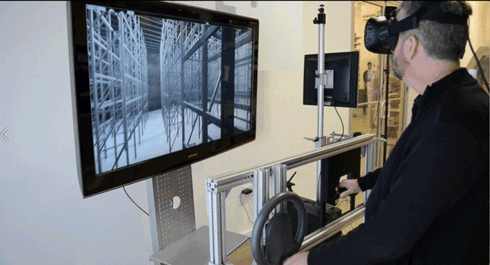 Real controls can easily be integrated with VR to create a rich mixed reality simulation of future product experience. In this case, we are evaluating a dynamic driving experience in a lift truck demo.
