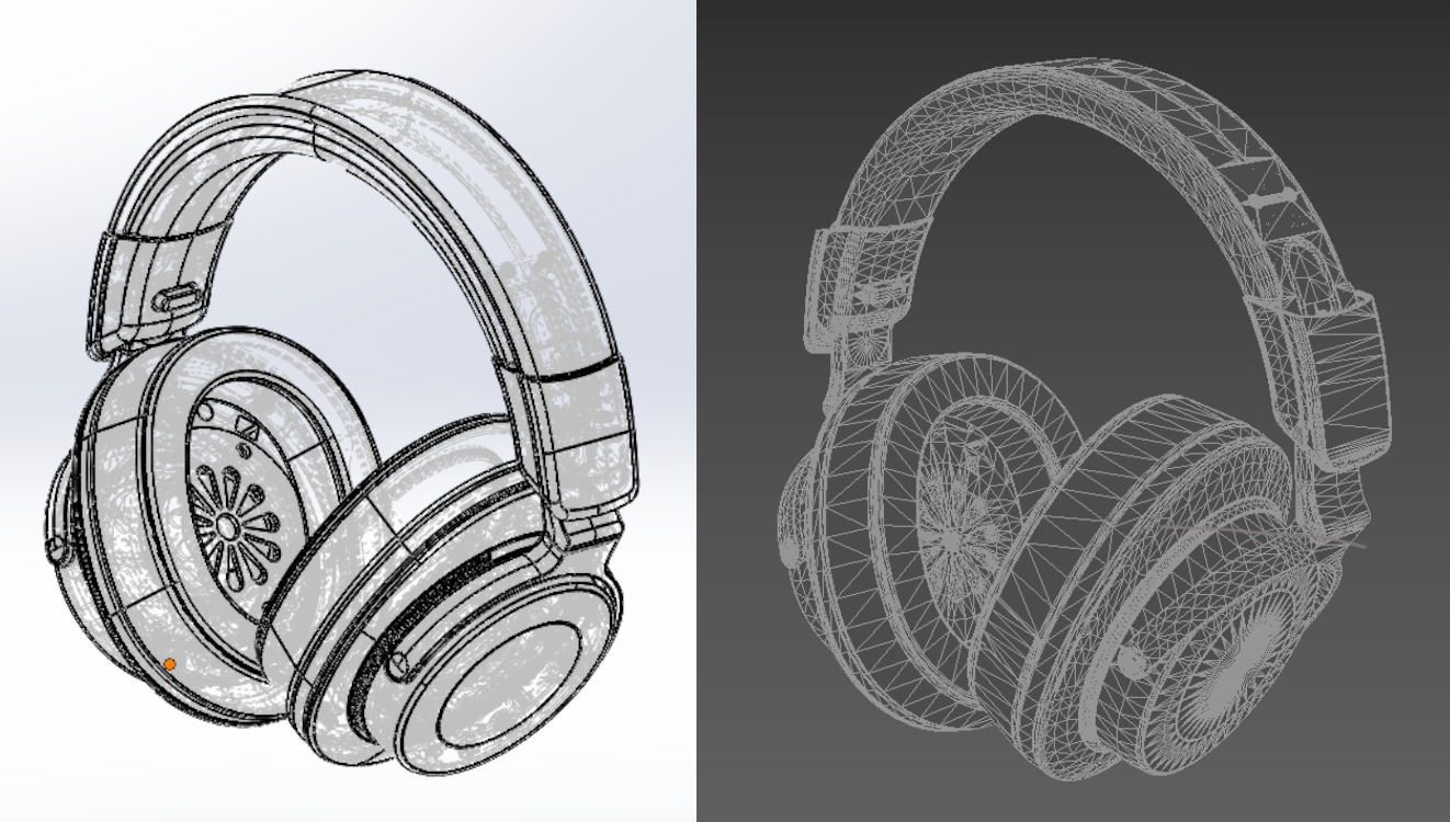 On the left, a CAD model in Solidworks. On the right, the same design but imported as a mesh into 3ds Max. Note all the triangulations on the mesh.