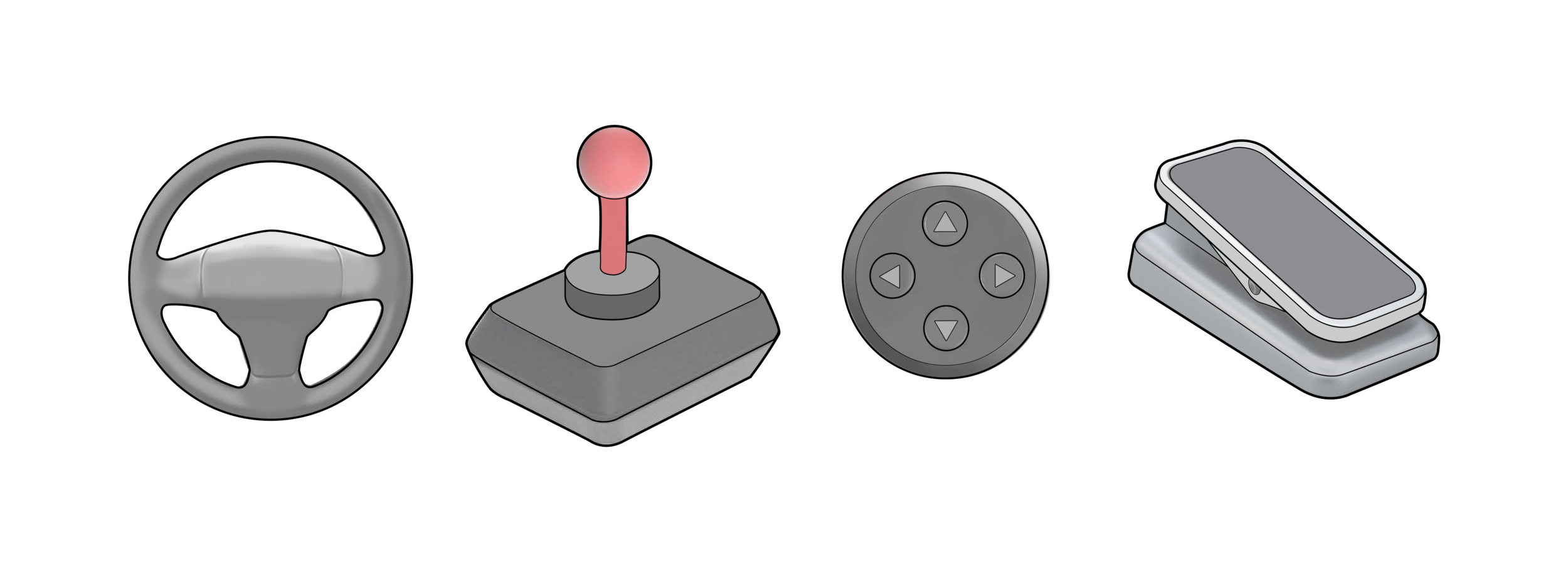 Examples of different physical controls that we custom integrate into the virtual experience.
