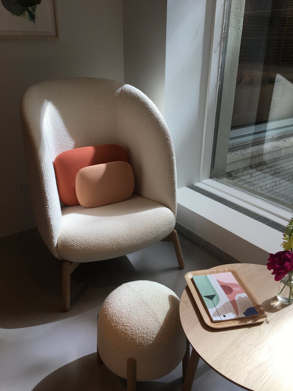  The  Hightower Nest Easy Chair  repeats rounded forms ad nauseum and we love it. Who wouldn’t love taking a call or drinking a cup of coffee nestled in this vision of coziness? 