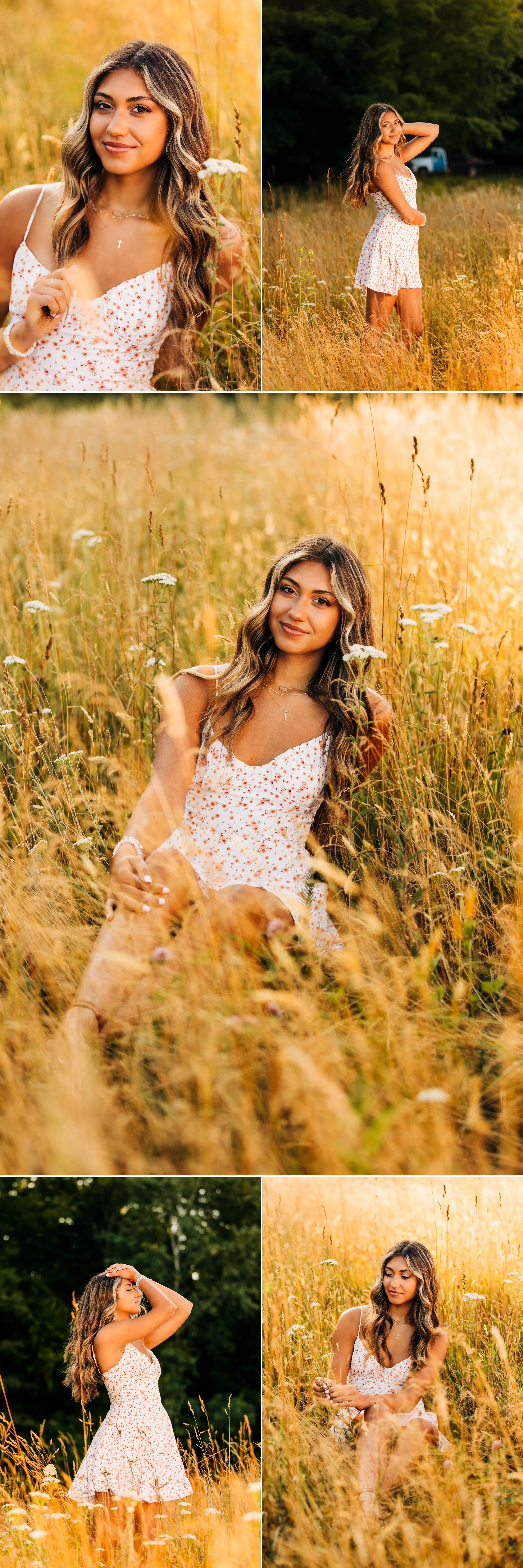 Senior pictures in the summertime wearing a dress while in a golden field