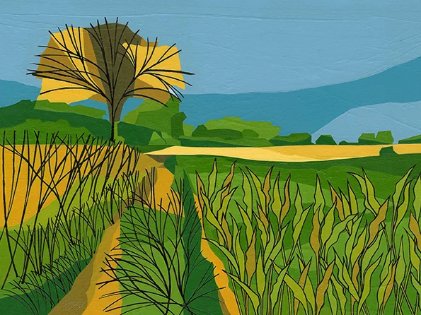 Wilstone field Walking towards the hide at Wilstone Reservoir. Original acrylic, ink and mixed media painting Framed size: 43cm high x 53cm wide Also available as signed, limited edition, giclee prints Near full size print: 47cm high x 54cm wide