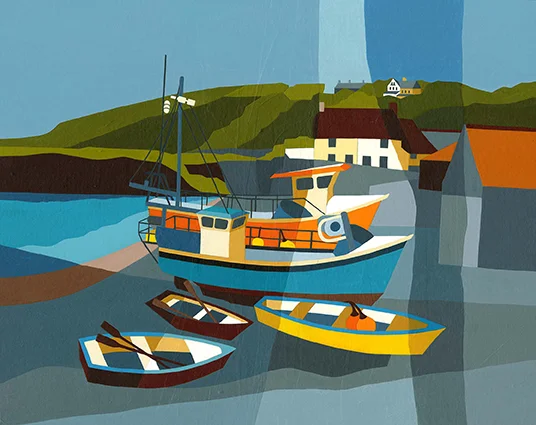 Cadgwith boats, Cornwall A mix of fishing boats and rowing boats at Cadgwith. Original acrylic and mixed media painting Framed size: 43cm high x 53cm wide Original sold but available as signed, limited edition, giclee print Mounted, near full size print: 47cm high x 55cm wide