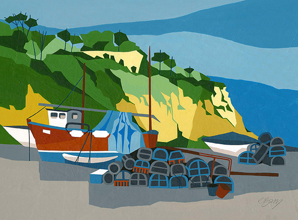 Beer Beach, Devon The dramatic cliffs at Beer in Devon form the backdrop to this painting of boats and lobster pots. Original acrylic, ink and mixed media painting Framed size: 43cm high x 53cm wide Original sold but available as signed, limited edition, giclee print Mounted, near full size print: 47cm high x 55cm wide