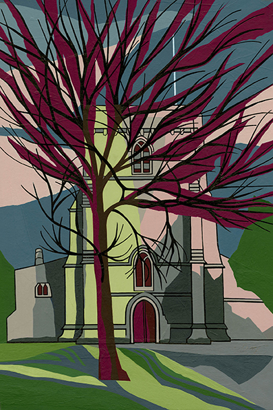 St Dunstan's, Monks Risborough The tower of St Dunstan's where I have exhibited for Bucks Open Studios over many years. Original acrylic, ink and mixed media painting Framed size: 73cm high x 53cm wide Original sold but available as signed, limited edition, giclee print Mounted, reduced size print: 57.5cm high x 45cm wide