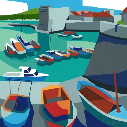 Dubrovnik Harbour Original acrylic and mixed media painting Framed size: 58cm sq Original sold but available as signed, limited edition, full size or reduced size, giclee print Mounted, reduced size print: 45cm high x 42.5cm wide