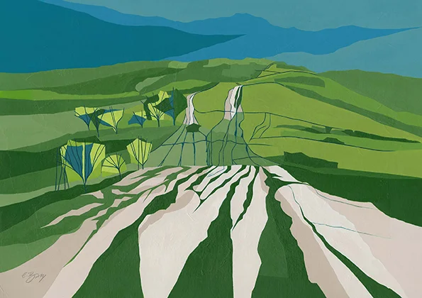 On Ivinghoe Beacon Looking back at the chalky tracks when you've walked about two thirds the way up Ivinghoe Beacon. Original acrylic and mixed media painting Framed size: 53cm high x 73cm wide Original sold but available as signed, limited edition, giclee print, full size or reduced size Mounted, reduced size print: 47cm high x 56.5cm wide