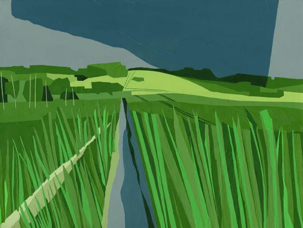 Track beneath Ivinghoe Beacon A favourite circular walk takes us from the car park, up Ivinghoe Beacon and along the ridge to the right, then dropping down to the right on to a track across fields and back up to the car park. The view here is of that track. Original acrylic and mixed media painting on canvas Canvas size: 45.5cm high x 61cm wide Also available as signed, limited edition, giclee prints, full size or reduced size Mounted, reduced size print: 47.5cm high x 55cm wide