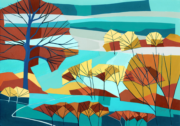 Near Ivinghoe Beacon Original acrylic and mixed media painting Framed size: 77cm high x 101.5cm wide Original sold but available as signed, limited edition, giclee print, full size or reduced size Mounted, reduced size print: 46.5cm high x 57cm wide