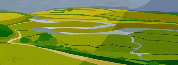 Cuckmere Meanders, South Coast Eric Ravilious' 1939 watercolour of this landscape inspired my mixed media painting of the Cuckmere River. Original acrylic and mixed media painting Framed size: 25.5cm high x 52.5cm wide Original sold but available as signed, limited edition, giclee print Mounted, full size print: 34.5cm high x 59.5cm wide