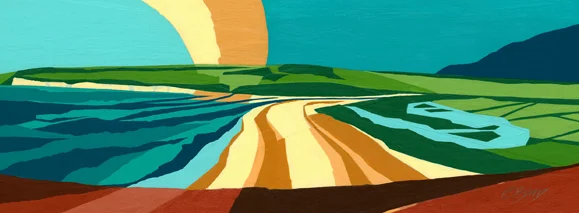 Cuckmere Haven, South Coast Original acrylic and mixed media painting Framed size: 25.5cm high x 52.5cm wide Original sold but available as signed, limited edition, full size, giclee print Mounted print: 35cm high x 60cm wide