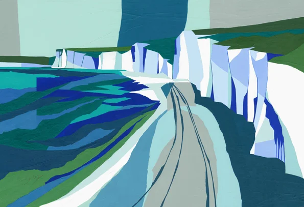 Seven Sisters from Birling Gap Original acrylic and mixed media painting Framed size: 53cm high x 73cm wide Original sold but available as signed, limited edition, giclee print, full size or reduced size Mounted, reduced size print: 47.5cm high x 58.5cm wide