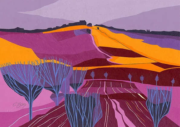 From Villanova The hillside across the valley from Villanova, near Perugia, in Umbria. Original acrylic and mixed media painting Framed size: 32cm high x 42cm wide Original sold but available as signed, limited edition, giclee print Mounted, full size print: 39cm high x 45cm wide