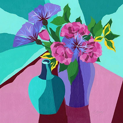 Centaurea and roses Roses from our front garden and centaurea from our back garden. Original acrylic and mixed media painting Framed size: 58cm sq Also available as signed, limited edition, giclee print Mounted, reduced size print: 49cm high x 47cm wide