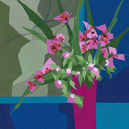 From a Devon garden Original acrylic and mixed media painting Framed size: 58cm sq Also available as signed, limited edition, giclee print Mounted, reduced size print: 49cm high x 47cm wide