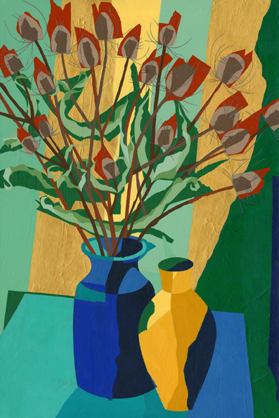 Teasels Found in the verges, early in the autumn. Original acrylic and mixed media painting on canvas Canvas size: 89.5cm high x 59.5cm wide Also available as signed, limited edition, giclee print, full size or reduced size Mounted, reduced size print: 57cm high x 42cm wide
