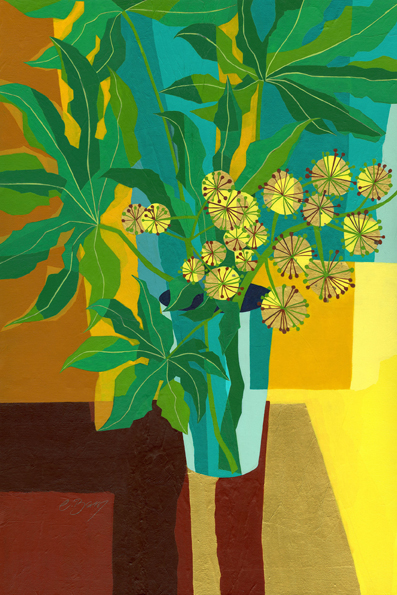 Fatsia Beautiful flower 'baubles' on the fatsia from our front garden. Original acrylic and mixed media painting on canvas Canvas size: 89.5cm high x 59.5cm wide Original sold but available as signed, limited edition, giclee print, full size or reduced size Mounted, reduced size print: 57cm high x 42cm wide