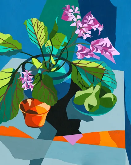 Bergenias The large evergreen leaves of the bergenia contrast with the plant's delicate pink flowers. Original acrylic and mixed media painting Framed size: 92cm high x 76.5cm wide Also available as signed, limited edition, giclee print, full size or reduced size Mounted, reduced size print: 56cm high x 45cm wide