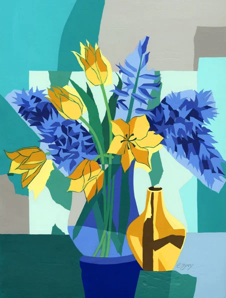 Hyacinths and tulips Original acrylic and mixed media painting Framed size: 76cm high x 59.5cm wide Original sold but available as signed, limited edition, giclee print, full size or reduced size Mounted, reduced size print: 57cm high x 45cm wide