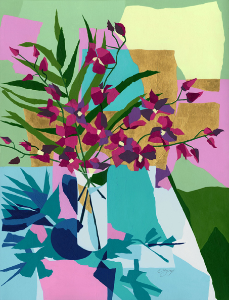 Oriental orchid Original acrylic and mixed media painting Framed size: 96cm high x 77cm wide Original sold but available as signed, limited edition, giclee print, full size or reduced size Mounted, reduced size print: 59.5cm high x 47cm wide