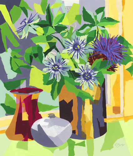 Passion flowers and cardoon Original acrylic and mixed media painting Framed size: 74cm high x 65cm wide Original sold but available as signed, limited edition, giclee print, full size or reduced size Mounted, reduced size print: 54.5cm high x 46.5cm wide