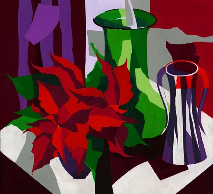 Poinsettia Original acrylic and mixed media painting Framed size: 77cm high x 81cm wide Also available as signed, limited edition, giclee print, full size or reduced size Mounted, reduced size print: 48cm high x 49cm wide