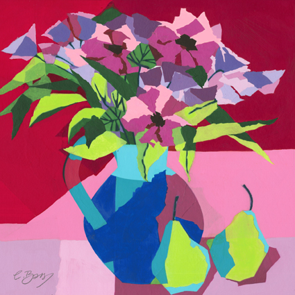 Sweet William and gerberas Original acrylic and mixed media painting Framed size: 43cm sq Also available as signed, limited edition, giclee print Mounted, full size print: 49cm high x 46.5cm wide