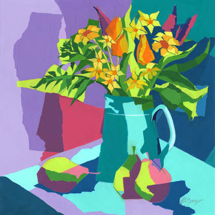 Flowers at Queen's Park Original acrylic and mixed media painting Framed size: 52.5cm sq Original sold but available as signed, limited edition, giclee print, full size or reduced size Mounted, reduced size print: 51.5cm high x 49cm wide x
