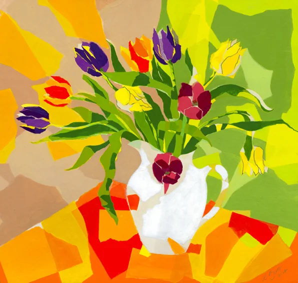 Tulips Original acrylic and mixed media painting Framed size: 71.5cm high x 73.5cm wide Original sold but available as signed, limited edition, giclee print, full size or reduced size Mounted, reduced size print: 48cm high x 47cm wide