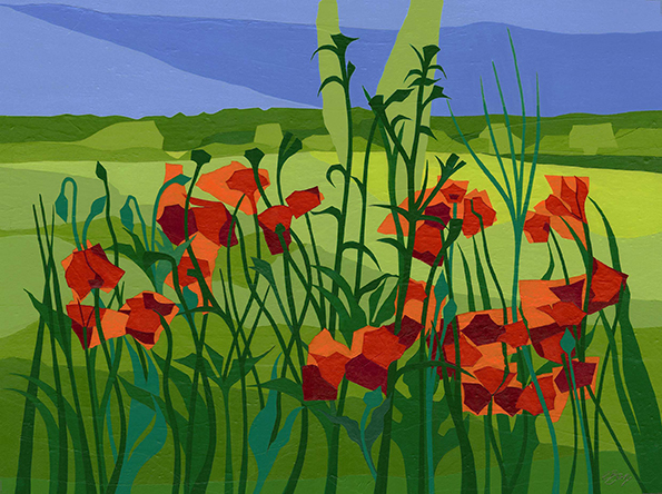 Poppies near Tring Poppies in a field on the edge of Tring, off the Icknield Way. Original acrylic and mixed media painting Framed size: 43cm high x 53cm wide Original sold but available as signed, limited edition, giclee print Mounted, near full size print: 47cm high x 54cm wide