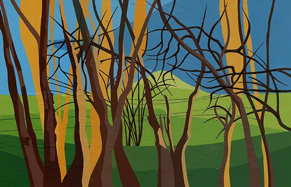 Beacon Hill from Ellesborough The shape of Beacon Hill changes from an impressive, flat topped outline to this rounder, 'child's drawing of a hill' when seen from Ellesborough. Original acrylic, ink and mixed media painting Framed size: 53cm high x 73cm wide Also available as signed, limited edition, giclee print, full size or reduced size Mounted, reduced size print: 47.5cm high x 61.5cm wide