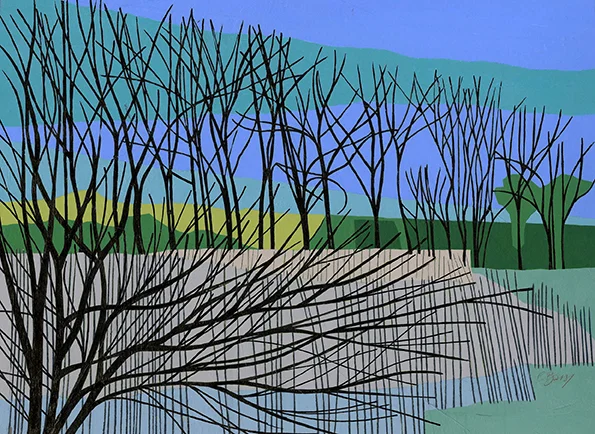 Reeds at Wilstone Reed beds at Wilstone Reservoir. Original acrylic, ink and mixed media painting Framed size: 48cm high x 58cm wide Original sold but available as signed, limited edition, giclee print Mounted, near full size print: 47cm high x 55cm wide