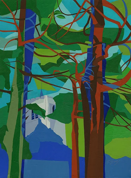 Church tower, Tring A view of the tower of St Peter & St Paul Church, looking up through the trees from Frogmore Street car park. Original acrylic and mixed media painting on canvas Canvas size: 61cm high x 45.5cm wide Also available as signed, limited edition, giclee print, full size or reduced size Mounted, reduced size print: 57.5cm high x 45cm wide