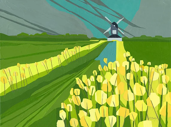 Pitstone Windmill Rape flowers along the path to the windmill inspired this composition. Original acrylic and mixed media painting on canvas Canvas size: 45.5cm high x 61cm wide Original sold but available as signed, limited edition, giclee print, full size or reduced size Mounted, reduced size print: 47.5cm high x 55cm wide