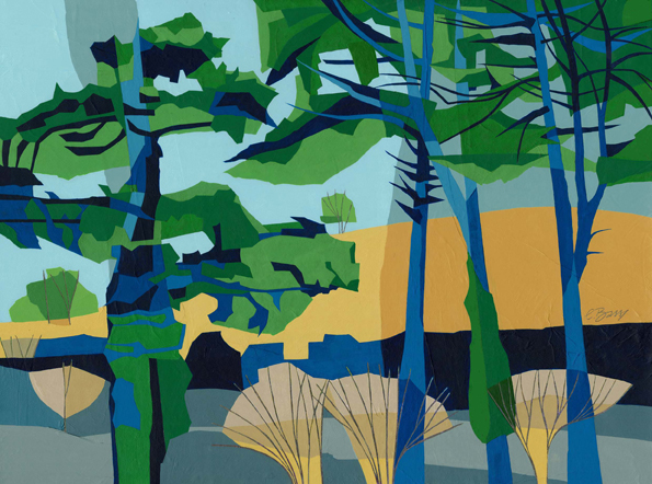 Trees beneath Ivinghoe Beacon I've always loved the row of characterful Scots pines at the base of Ivinghoe Beacon, along the B489. Original acrylic and mixed media painting on canvas Canvas size: 45.5cm high x 61cm wide Original sold but available as signed, limited edition, giclee print, full size or reduced size Mounted, reduced size print: 47.5cm high x 55cm wide