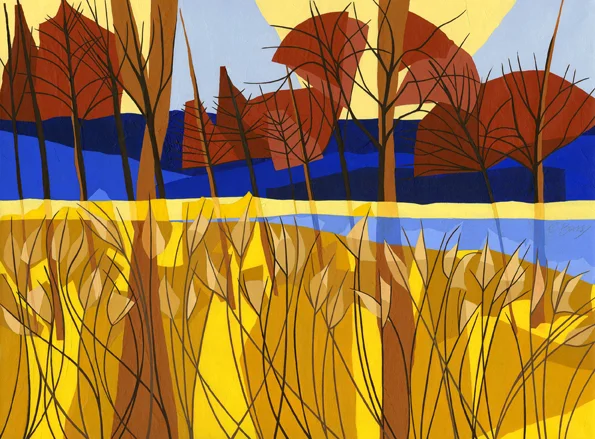 Near Marsworth View across the Marsworth Reservoir along the Grand Union Canal between Marsworth and Bulbourne Original acrylic and mixed media painting on canvas Canvas size: 45.5cm high x 61cm wide Original sold but available as signed, limited edition, giclee print, full size or reduced size Mounted, reduced size print: 47.5cm high x 55cm wide