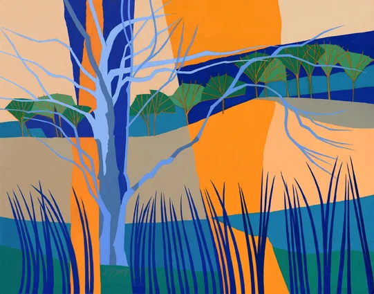Leaving Bledlow Ridge Original acrylic and mixed media painting Framed size: 64cm high x 77cm wide Original sold but available as signed, limited edition, giclee print, full size or reduced size Mounted, reduced size print: 50cm high x 56cm wide