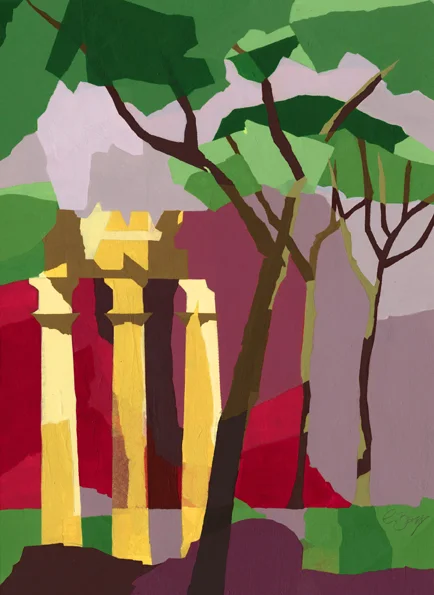 In Rome At The Forum in Rome. Original acrylic and mixed media painting Framed size: 52.5cm high x 42.5cm wide Original sold but available as signed, limited edition, giclee print Mounted, full size print: 57cm high x 44cm wide