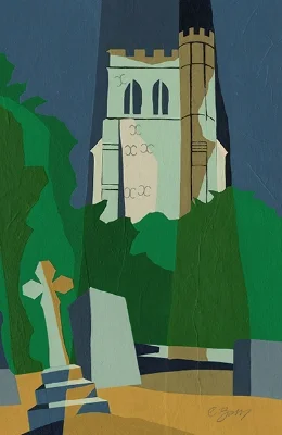 Edlesborough church tower As seen from the graveyard below the church. Original acrylic and mixed media painting Framed size: 43cm high x 33cm wide Original sold but available as signed, limited edition, giclee print Mounted full size print: 49cm high x 36cm wide