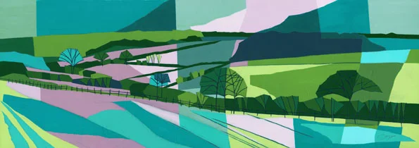 View from Speen Original acrylic and mixed media painting Framed size: 49cm high x 100cm wide Original sold but available as signed, limited edition giclee print, full size or reduced size Mounted, reduced size print: 39cm high x 72cm wide