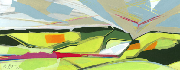 Chalk cutting, Chiltern Hills The Ridgeway National Trail runs close to this dramatic chalk cutting where the M40 Motorway cuts through the Chiltern Hills. Original acrylic and mixed media painting Framed size: 33cm high x 60cm wide Original sold but available as signed, limited edition, giclee print, full size or reduced size Mounted, reduced size print: 34cm high x 56.5cm wide