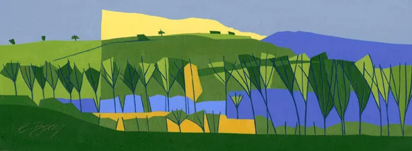 Leaving Castlemead, Pitstone Looking up to the Ridgeway from Castlemead. Original acrylic and mixed media painting Framed size: 25.5cm high x 52.5cm wide Original sold but available as signed, limited edition, giclee print Mounted, full size print: 33.5cm high x 57cm wide