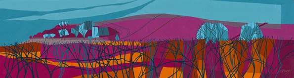 Southend Hill from Canal The gentle slope of Southend Hill, on the edge of Cheddington, through the bare winter hedgerow. Original acrylic and mixed media painting Framed size: 32.5cm high x 90.5cm wide Original sold but available as signed, limited edition, giclee print Mounted, reduced size print: 33.5cm high x 72cm wide