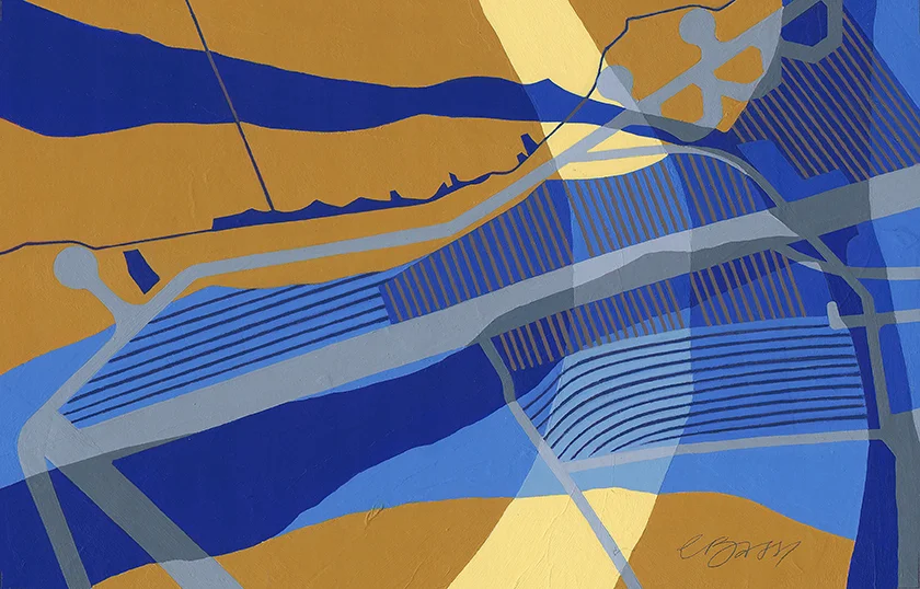 Cheddington Airfield II Inspired by an aerial photo of the WWII airfield between Cheddington and Long Marston. Original acrylic & mixed media painting Framed size: 33cm high x 43cm wide SOLD