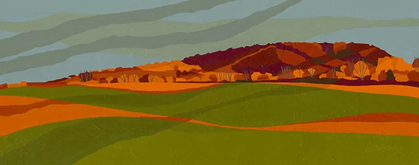Chinnor Hill from Bledlow The long view of the ridge which becomes Chinnor Hill, as seen across the fields from Bledlow. Original acrylic & mixed media painting Framed size: 46.5cm high x 86.5cm wide Also available as signed, limited edition, giclee print