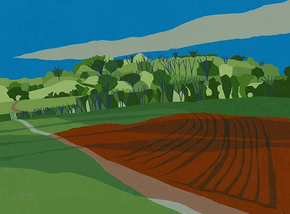 Field near Bledlow Take Perry Lane in Bledlow (which becomes Bledlow Ridge Road and then Wigans Lane). This view is on the left, just beyond the Upper Icknield Way. Original acrylic & mixed media painting Framed size: 43cm high x 53cm wide Also available as signed, limited edition, giclee print