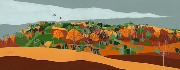Pulpit Wood The wood which crowns Pulpit Hill, near Askett and Monks Risborough, as seen from Grangelands Nature Reserve. Original acrylic & mixed media painting Framed size: 46.5cm high x 86.5cm wide Also available as signed, limited edition, giclee print Mounted, reduced size print: 40.5cm high x 71cm wide