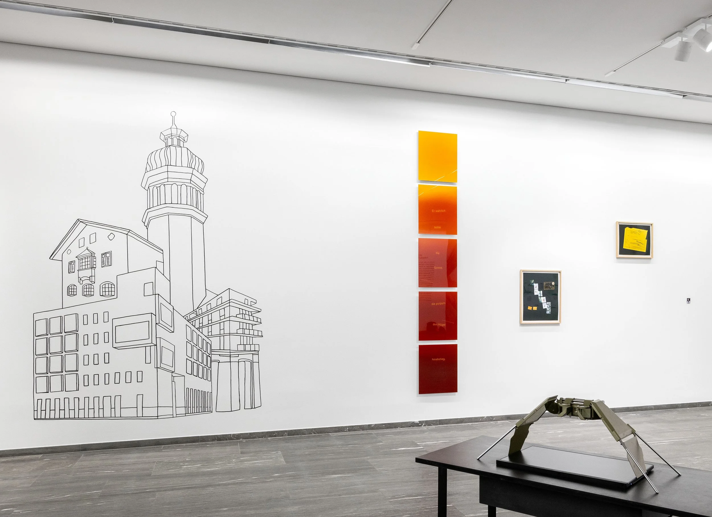 Installation view,  Right Now! , INN SITU, Innsbruck, 2023. Work by (from left to right): Florian Schmitt, Rachael Woodson and Florence Cardenti. Photo: Romain Darnaud

