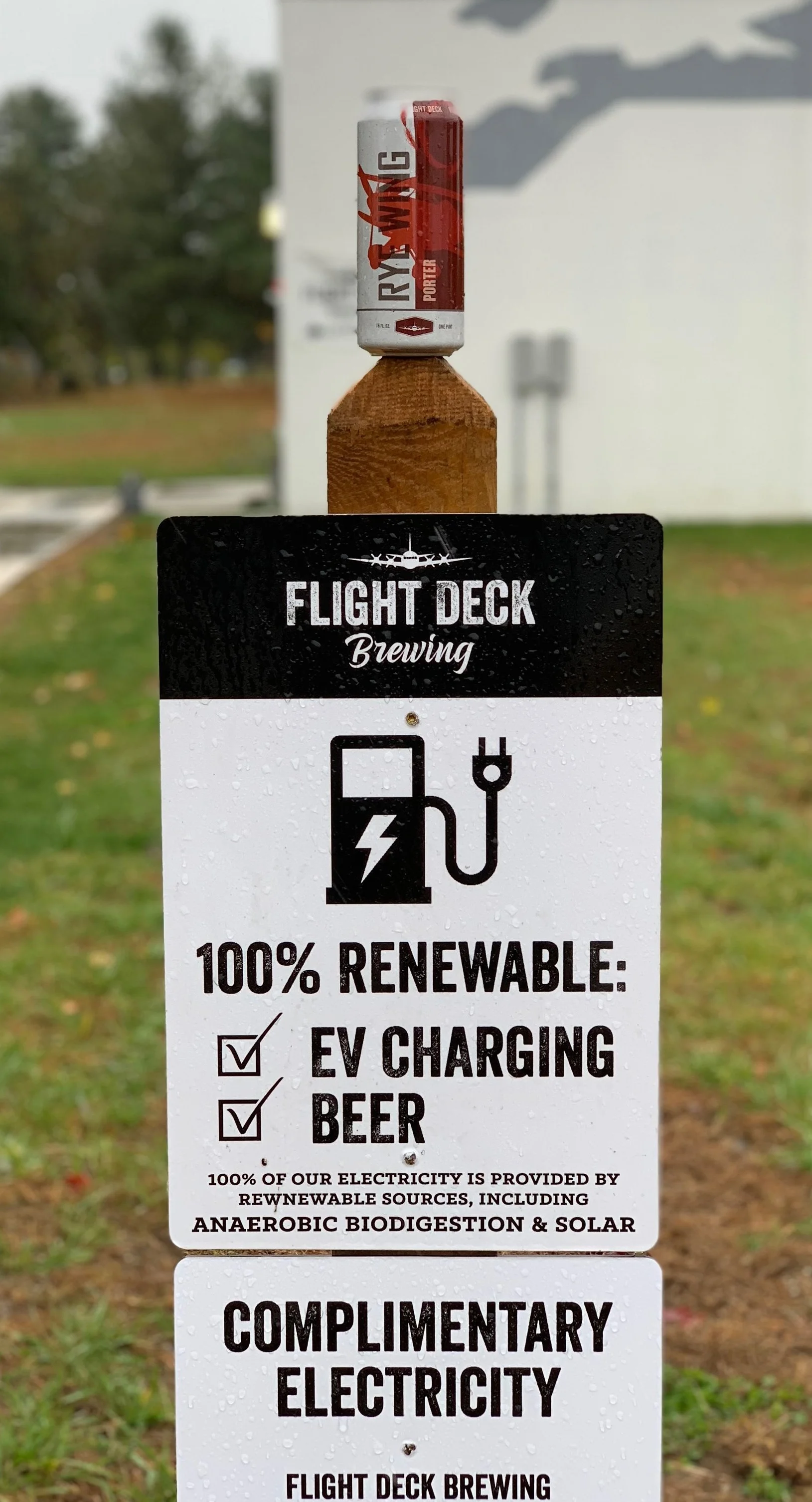 Flight Deck Brewing at the Brunswick Landing offers 4 EV chargers (three Tesla and one Level 2) that are free and open to the public. They are 100% powered by renewable energy, which is generated nearby by a large solar array and an anaerobic biodigestor. Any remaining electricity is grid-sourced and offset with renewable energy credits. Photo courtesy of Flight Deck Brewing.
