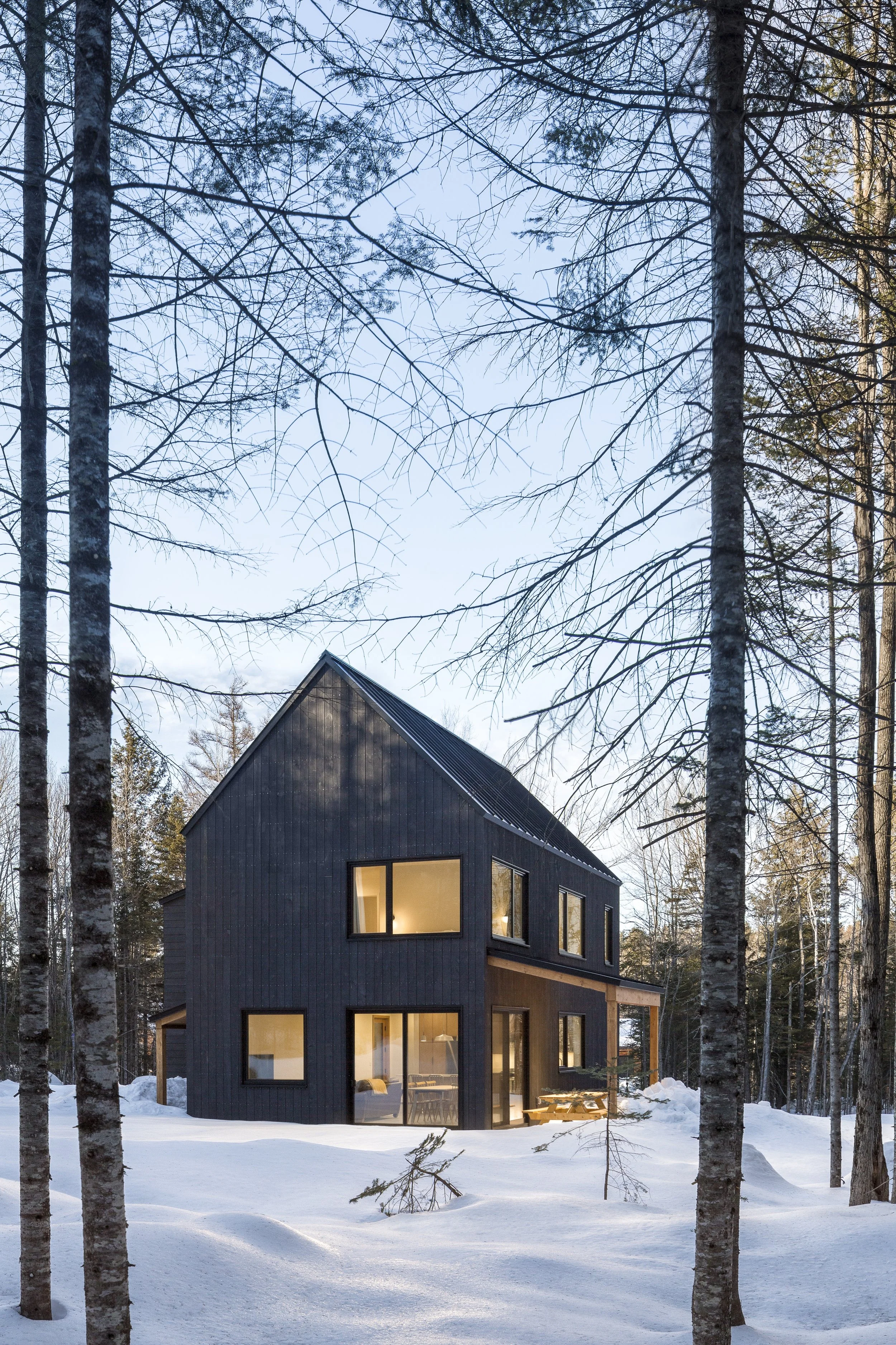 A modern looking house with dark black siding in the middle of a snowy forest